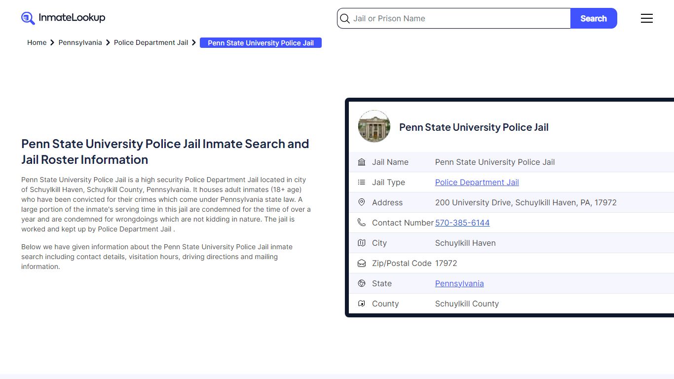 Penn State University Police Jail (PA) Inmate Search Pennsylvania ...